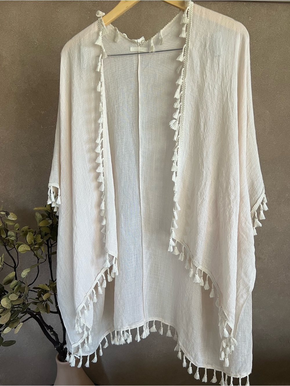 Boho Lightweight Sheer Pastel Pink - Ivory Tassel Kimono Style Swim Cover Up